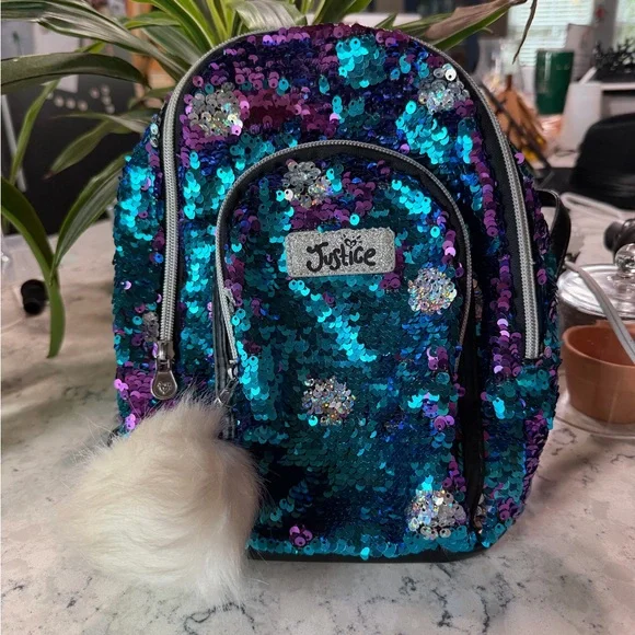 Justice Sequin Mini Backpack - Blue and Silver - Picture 1 of 10